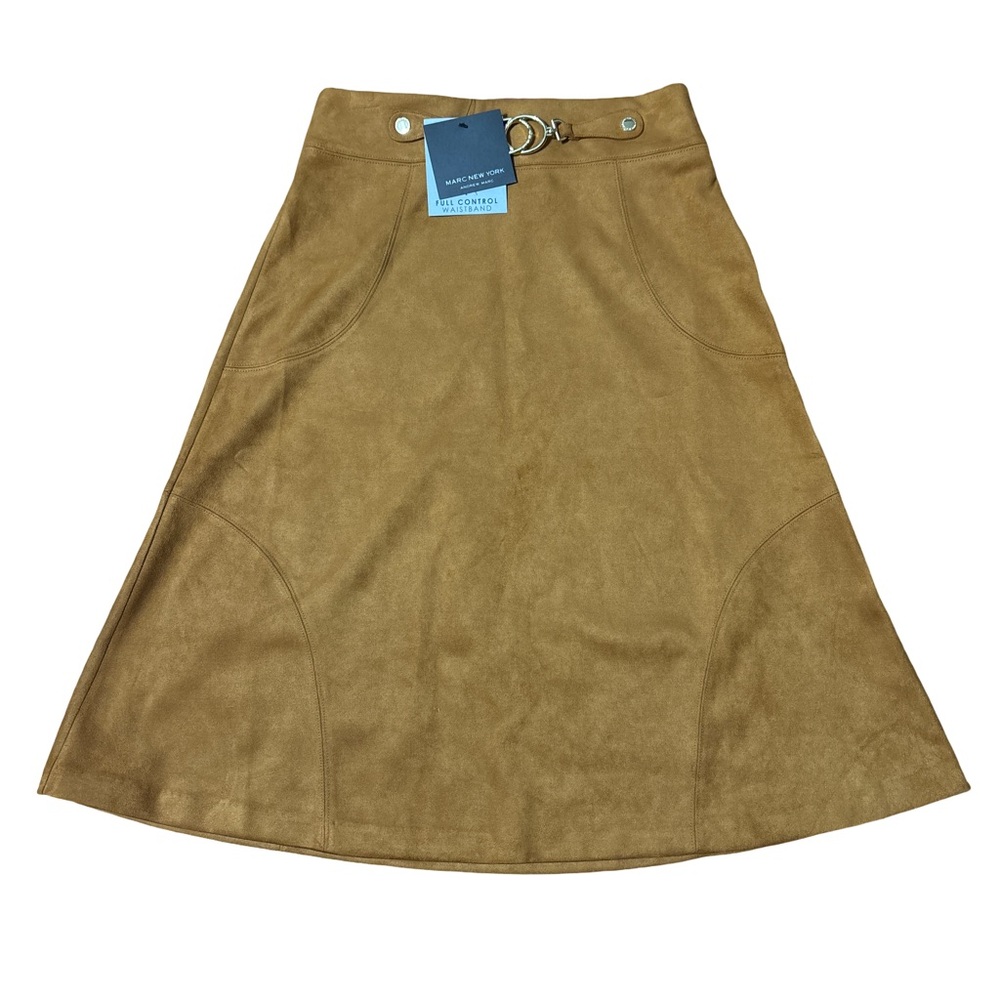 Marc New York Tan Faux Suede A-Line Midi Skirt Gold Accents